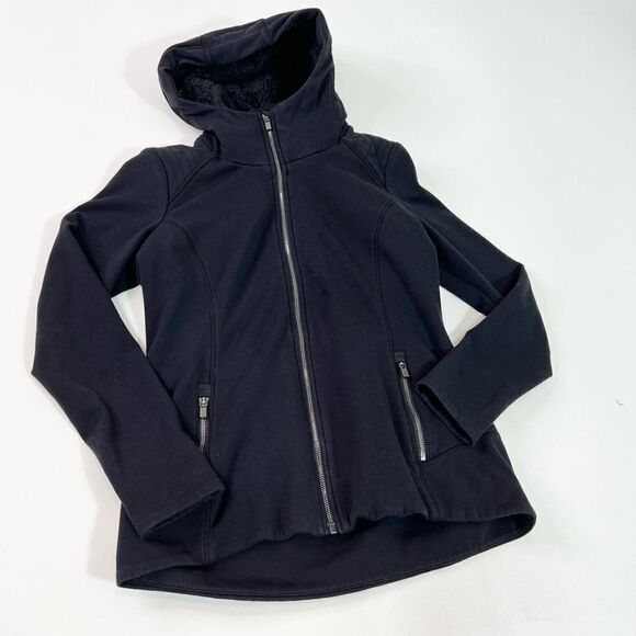 Athleta Fleece Sherpa Hoodie Womens Medium Black Hooded Full Zip Thumbholes - Picture 1 of 12